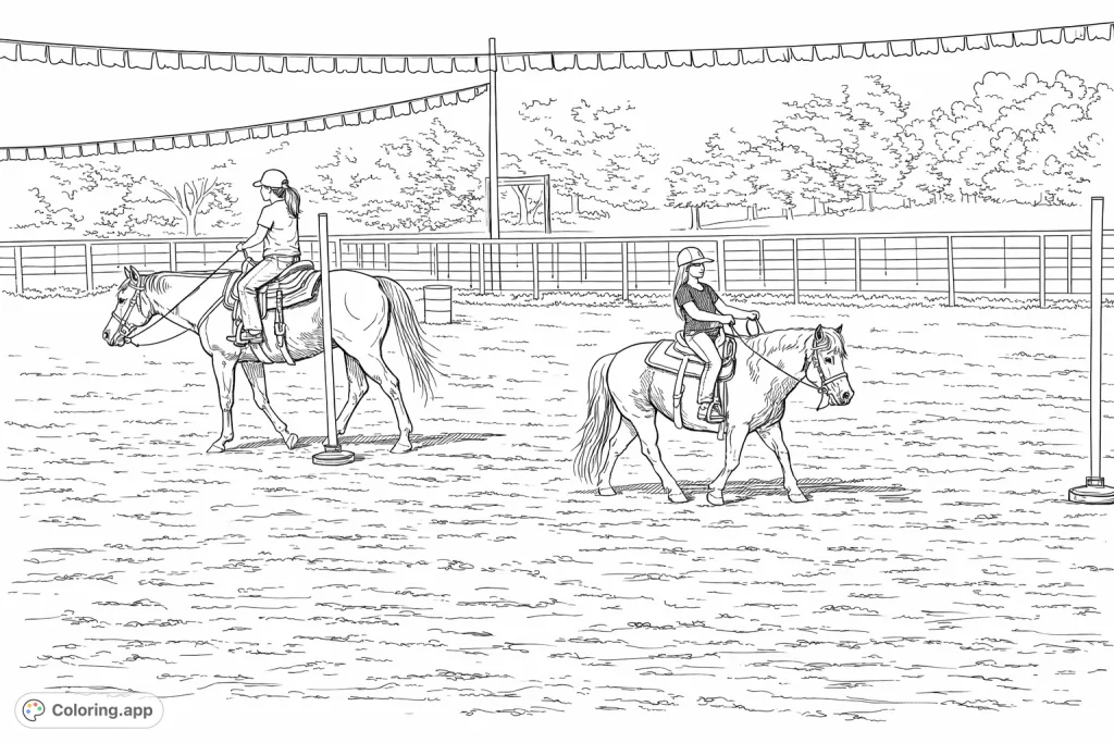 Two children on horses in an equestrian arena, practicing their riding skills. A detailed scene perfect for young horse enthusiasts and animal lovers.