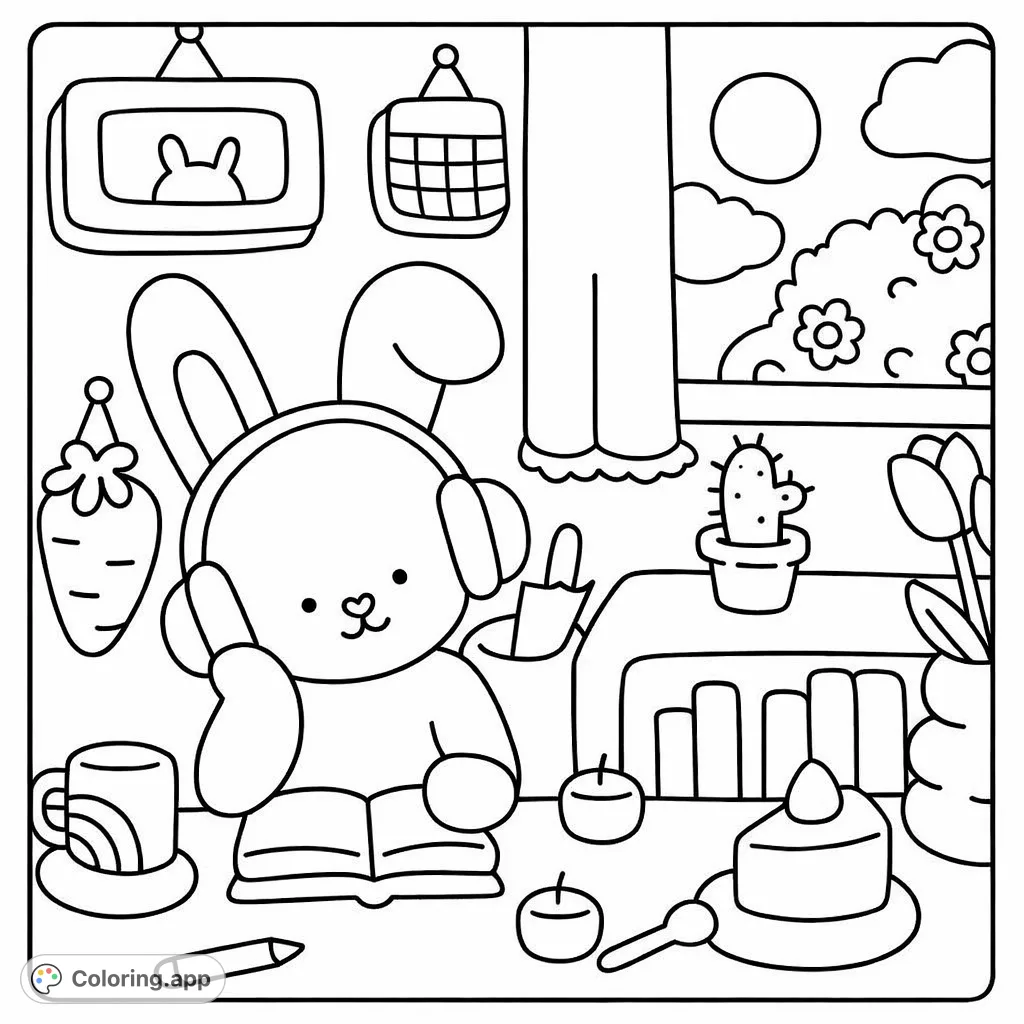 A cute rabbit with headphones reads a book, surrounded by delightful items like a cake, cactus, and flowers. A charming scene for imaginative coloring.