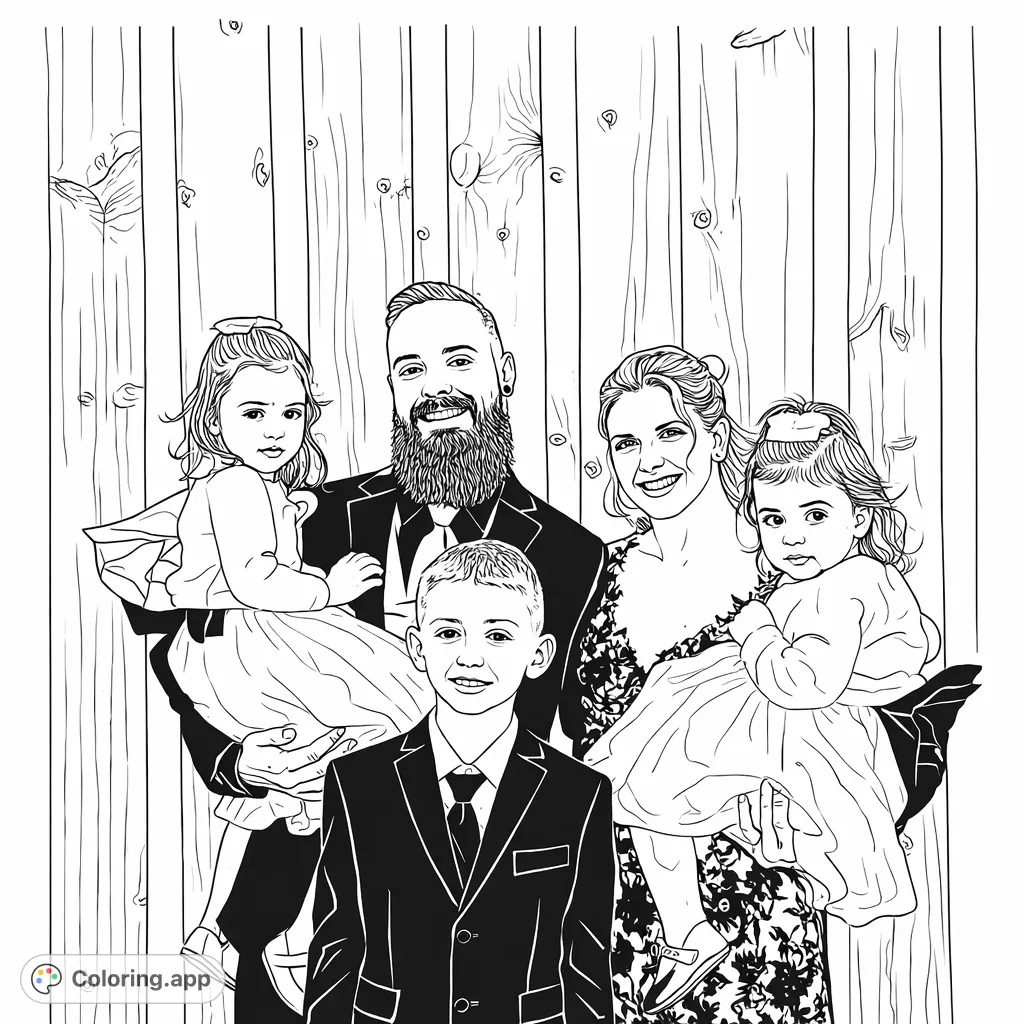 A heartwarming family portrait featuring two adults, two young girls, and a boy in formal attire against a rustic wooden background, perfect for coloring.