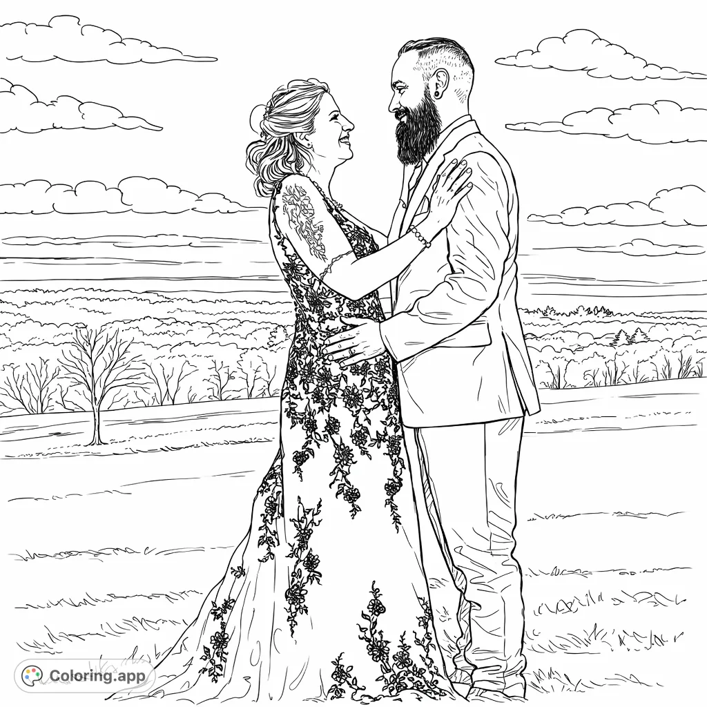 A loving couple embraces in a beautiful outdoor setting, showcasing a stunning patterned gown and formal attire. A romantic scene for detailed coloring.