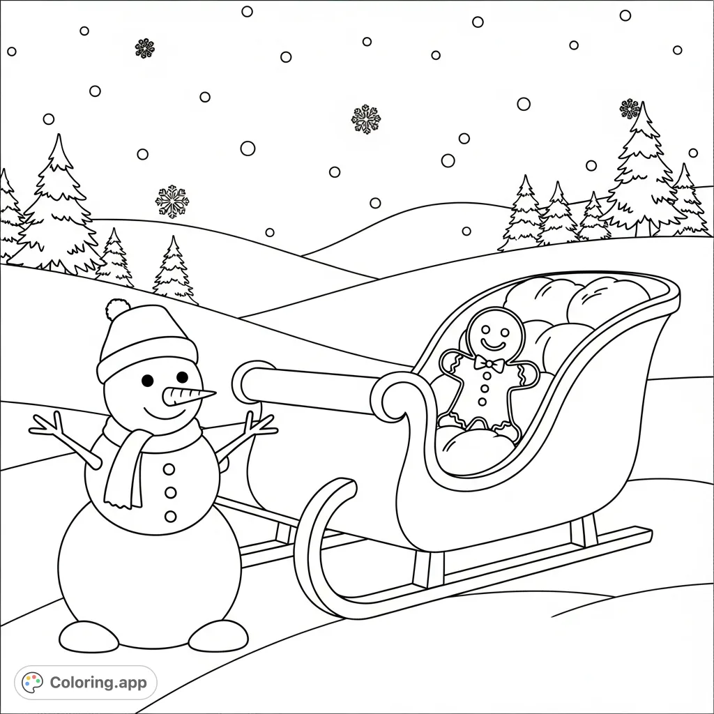 A charming Christmas coloring page featuring a festive sleigh, a joyful snowman, and a friendly gingerbread man in a delightful snowy landscape.
