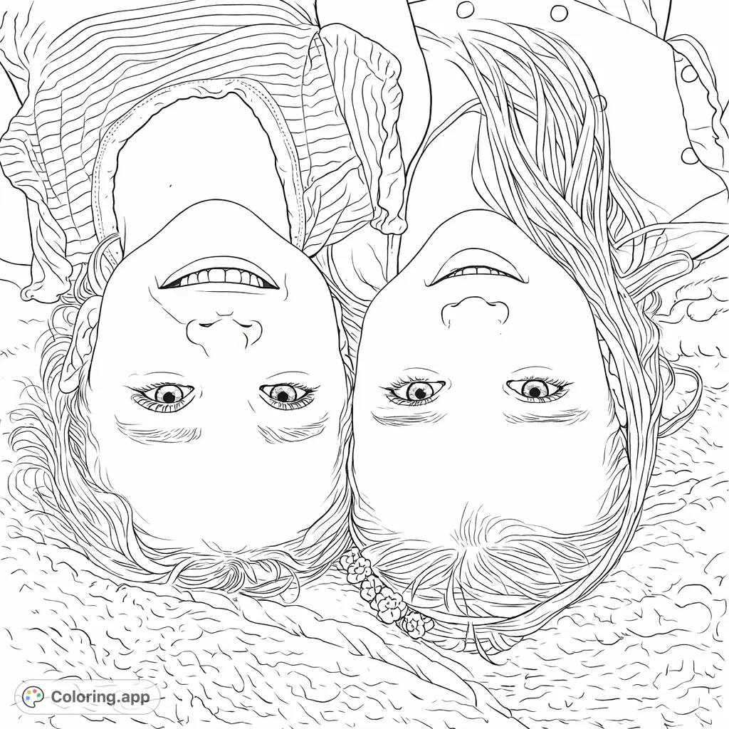 Two cheerful children gaze up, their heads inverted side-by-side on a soft, textured surface. A delightful and engaging scene for coloring fun.
