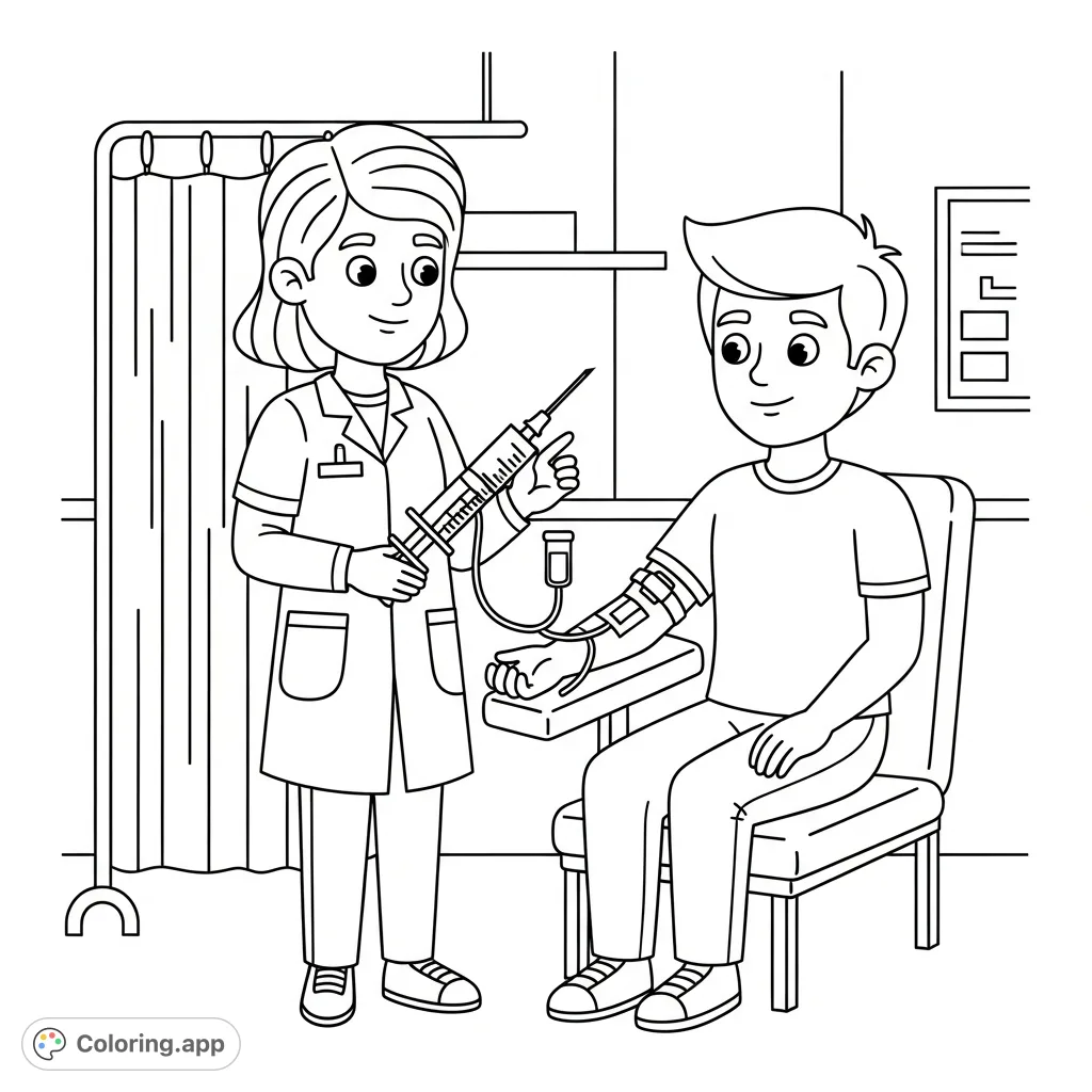 A detailed cartoon blood draw scene featuring a friendly phlebotomist and patient, perfect for health education or medical professionals.
