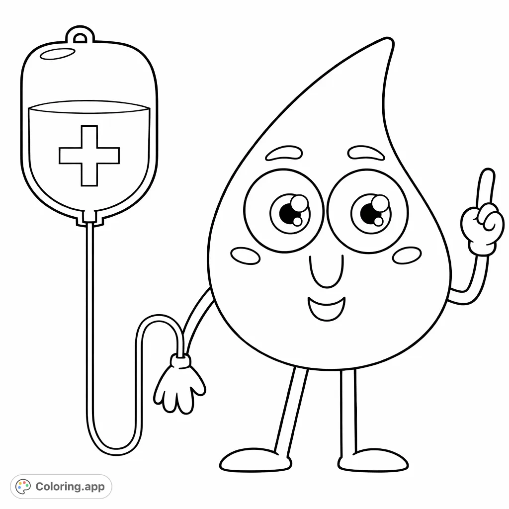 A friendly, teardrop-shaped character with an IV bag, offering a simple yet meaningful scene for coloring. Perfect for promoting health and empathy.