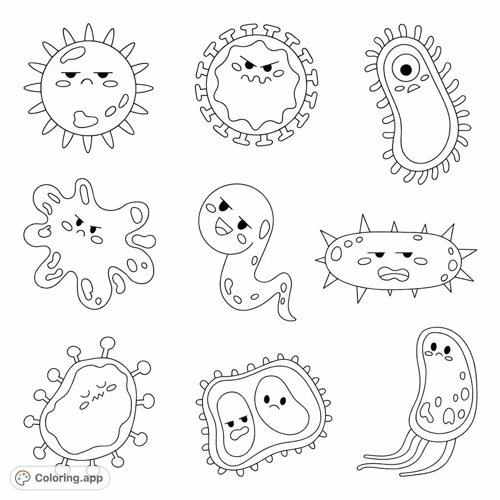 Dive into a microscopic world with nine charming microbe and germ characters, each expressing a unique personality for engaging coloring fun.