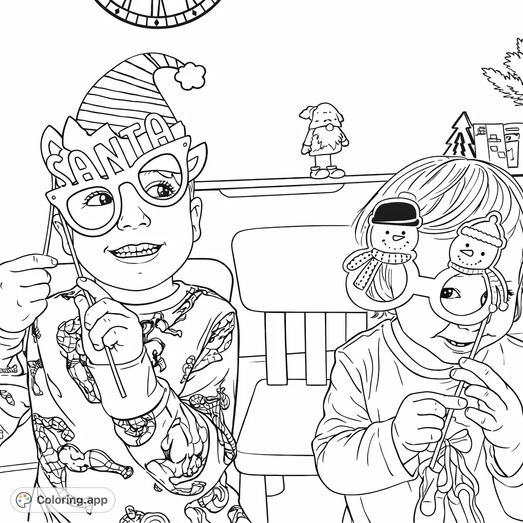 Two joyful children celebrating with fun holiday photo booth props, featuring an elf hat and snowman glasses. A delightful festive scene for coloring!