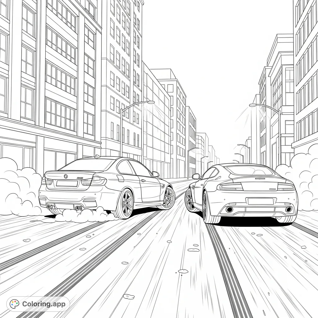 Experience the thrill of two iconic luxury sports cars, a BMW and an Aston Martin, performing a dynamic drift through a detailed city setting. Perfect for car enthusiasts.
