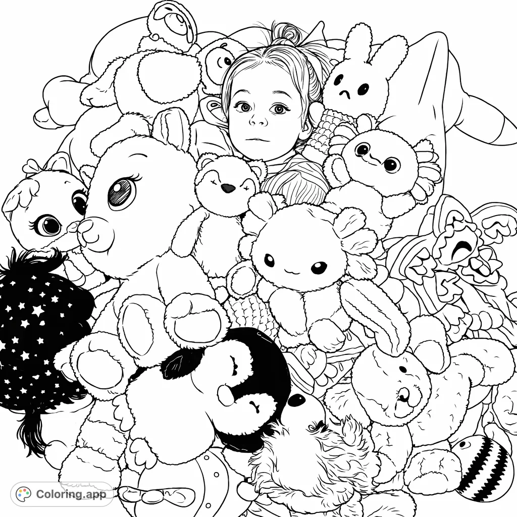 A delightful scene of a child nestled amidst a large, cozy collection of various plush toys, perfect for a detailed coloring adventure.