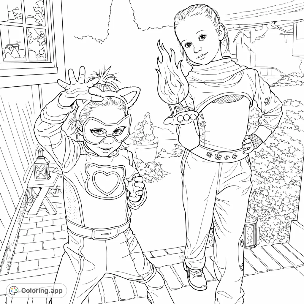 Two children in superhero-like costumes, one with cat ears and a glowing heart emblem, the other holding a luminous flame. A dynamic, fun scene for coloring.