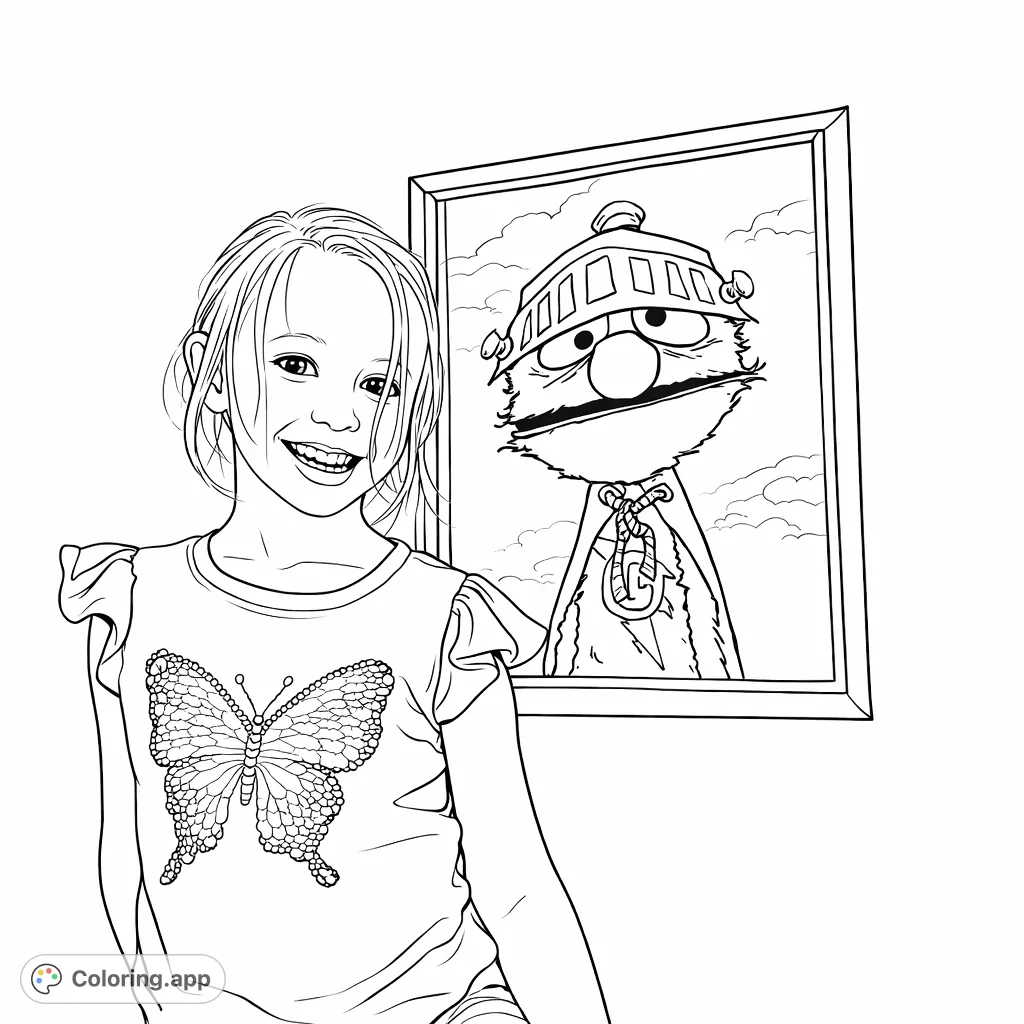 A cheerful girl smiles next to a framed drawing of a lovable monster superhero wearing a unique helmet and cape with a star emblem, perfect for imaginative coloring.