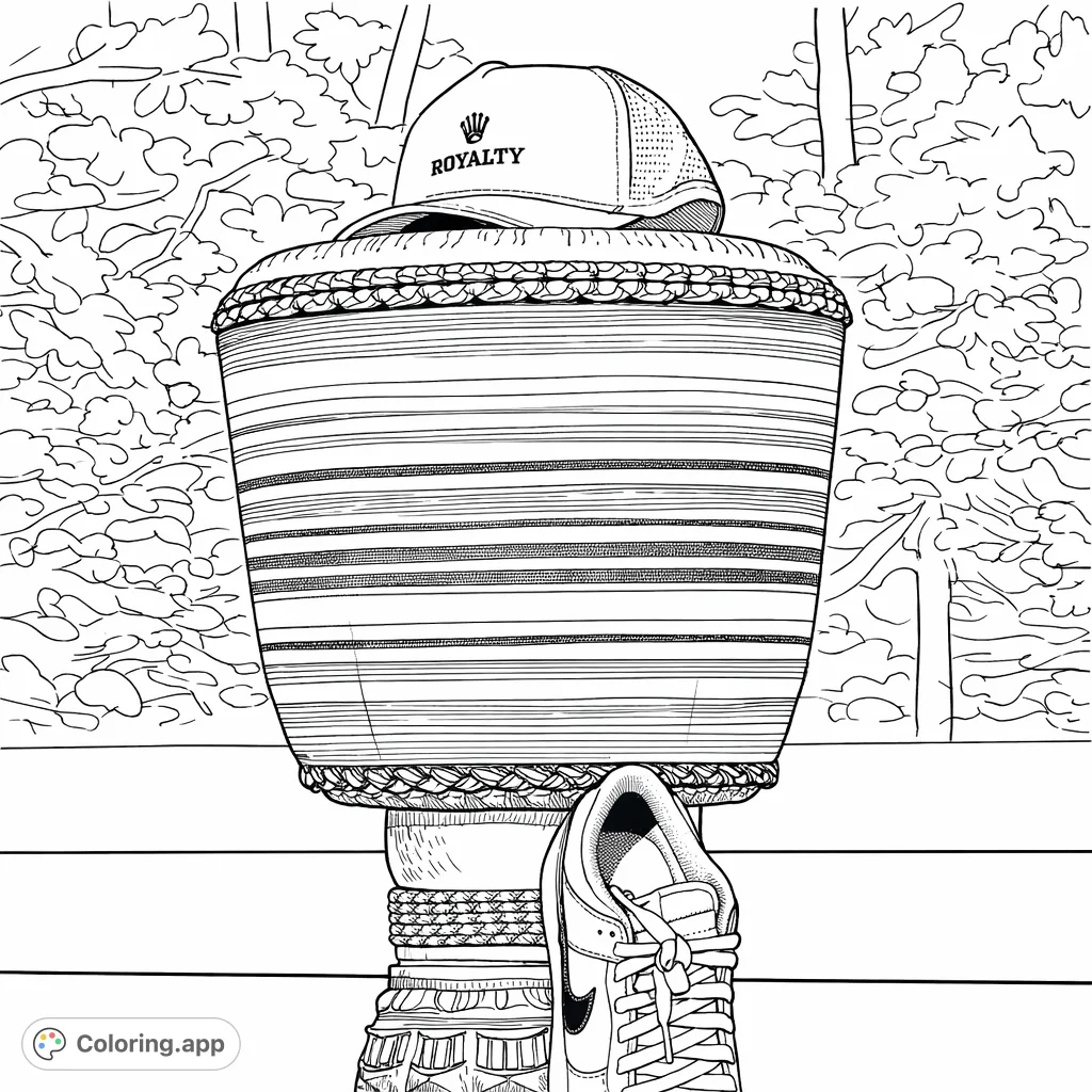 Capture urban flair with this unique still life featuring a striped drum, baseball cap, and sneaker. Perfect for fashion enthusiasts to personalize with their own creative palette.