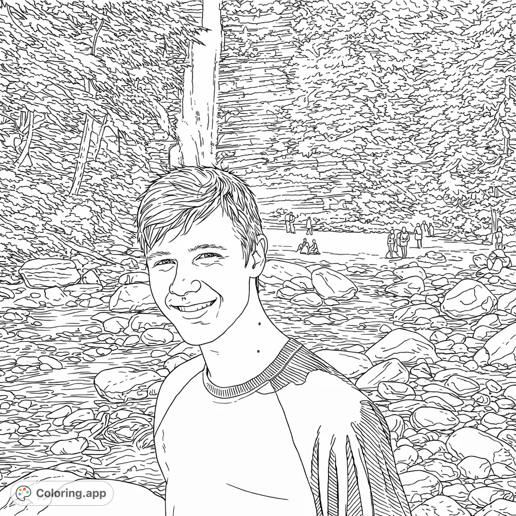 Capture the joy of nature with this waterfall coloring page featuring a smiling young person amidst a rocky stream and lush forest.