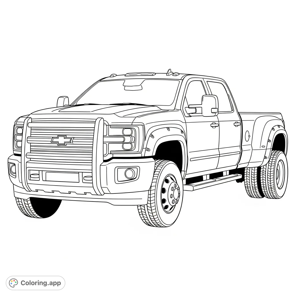 Unleash your creativity on this detailed dually pickup truck coloring page. Perfect for vehicle enthusiasts of all ages, featuring robust design.