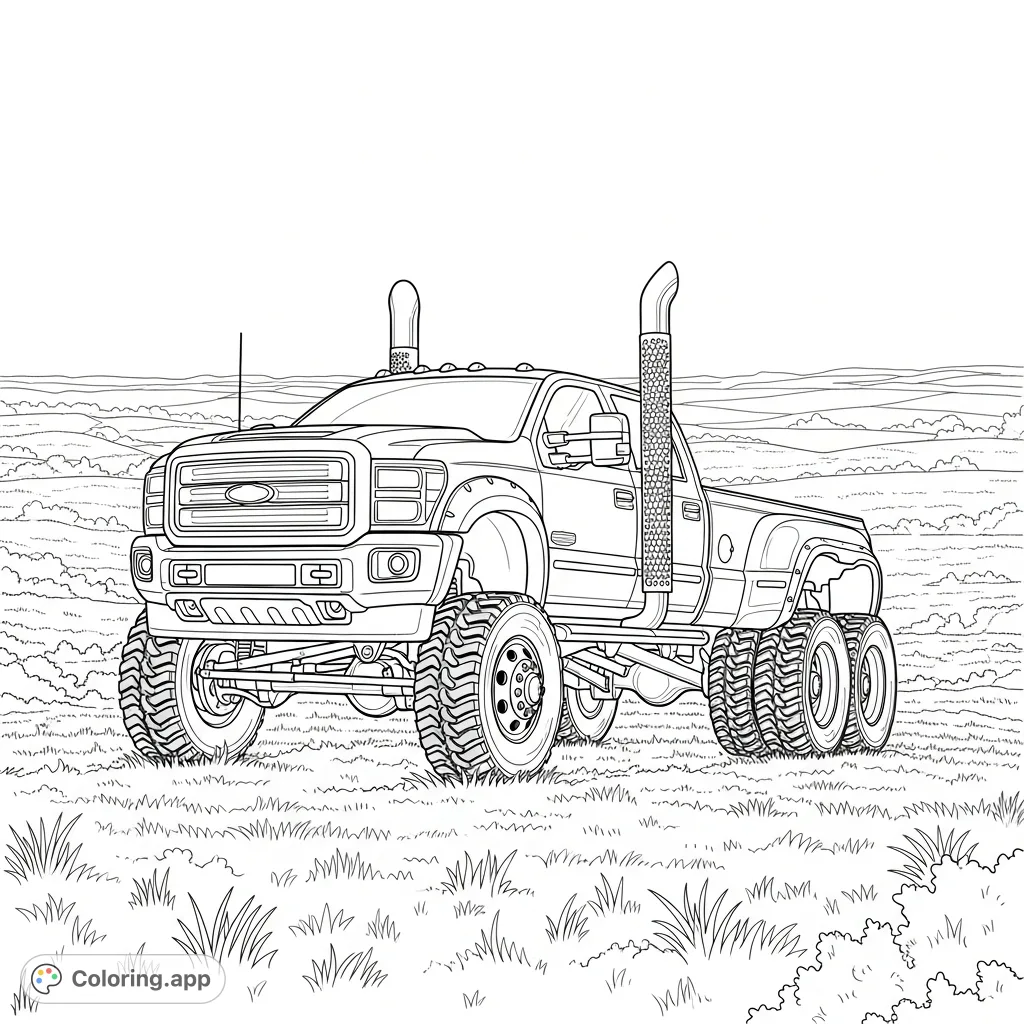 Experience the power of a detailed 6x6 dually pickup truck coloring page. This free printable features a rugged vehicle with big exhausts in an open field.