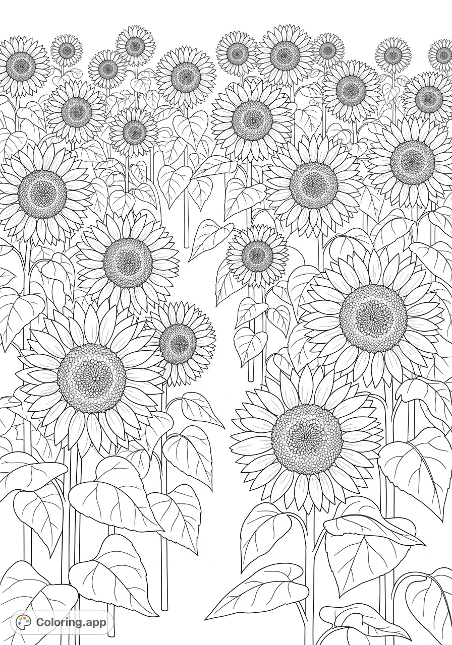 An immersive sunflower labyrinth coloring page featuring towering stalks and intricate flower heads, inviting a journey through nature's grandeur.