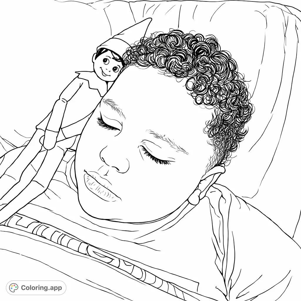 A heartwarming elf coloring page featuring a child sleeping peacefully alongside their mischievous elf friend. Perfect for holiday fun and relaxation.