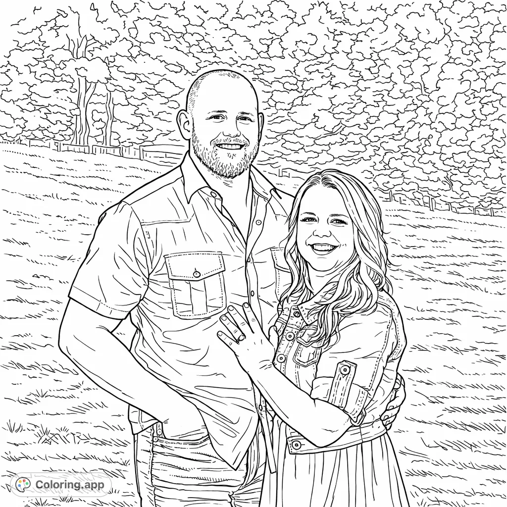 A loving couple stands embraced in a beautiful outdoor setting, smiling warmly. Personalize their features and surroundings with your creative touch.