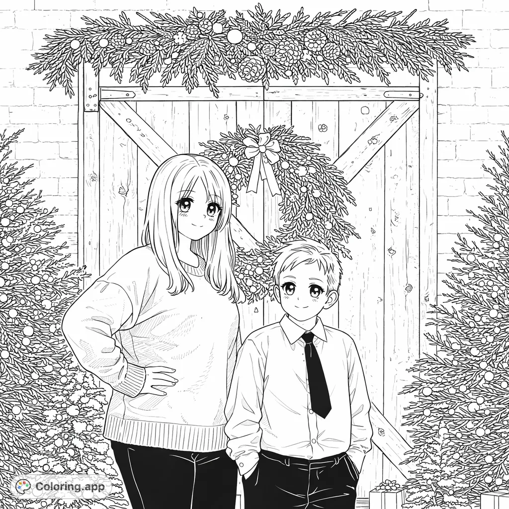 Capture a heartwarming festive scene with two individuals standing before a decorated wooden door and evergreen trees. A charming holiday-themed anime coloring page.