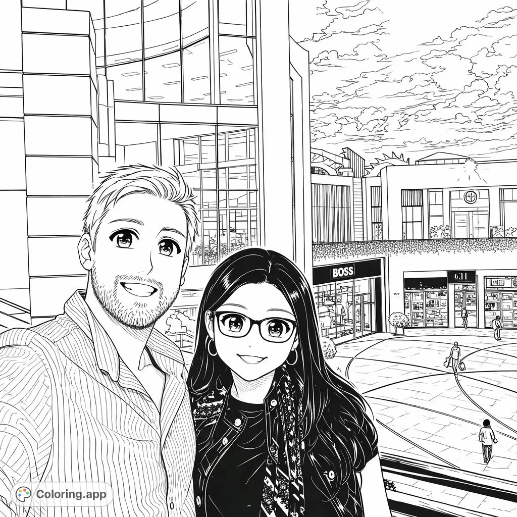 Anime couple in a bustling modern mall, featuring architectural details, festive lights, and a unique dragon structure. A captivating urban couple coloring page.