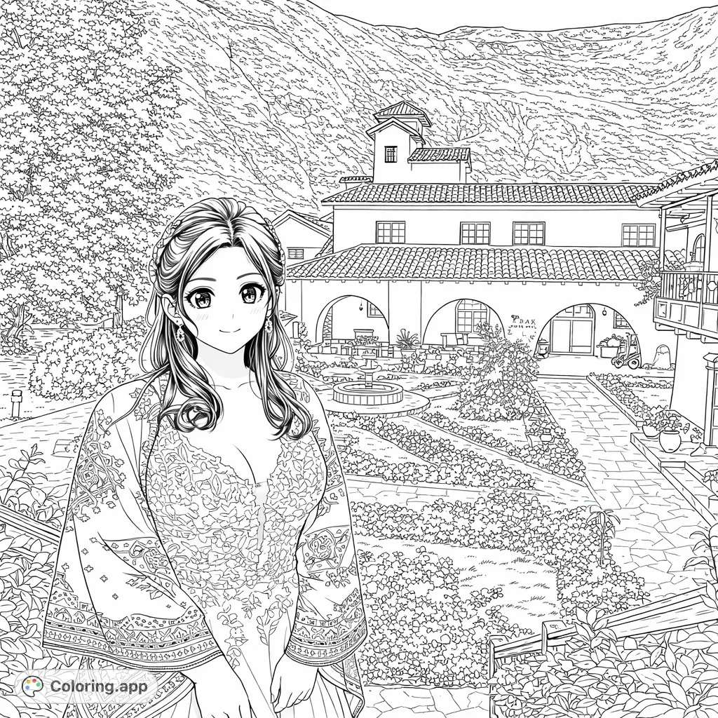 An anime-inspired elegant woman in a patterned gown and shawl, set against an intricate garden and mountain resort backdrop. Perfect for detailed coloring.