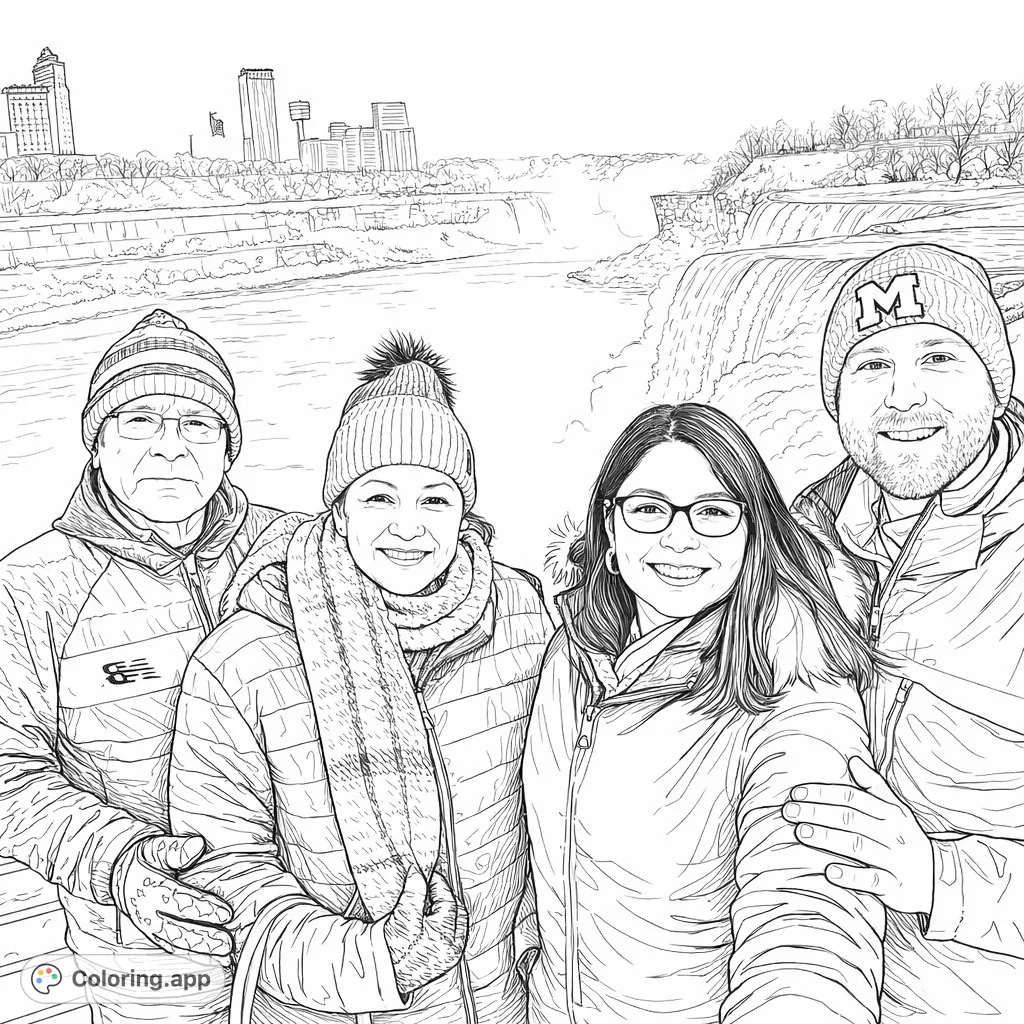 A family of four enjoys a winter day by impressive waterfalls, with a distant city skyline. Perfect for a cozy coloring session.