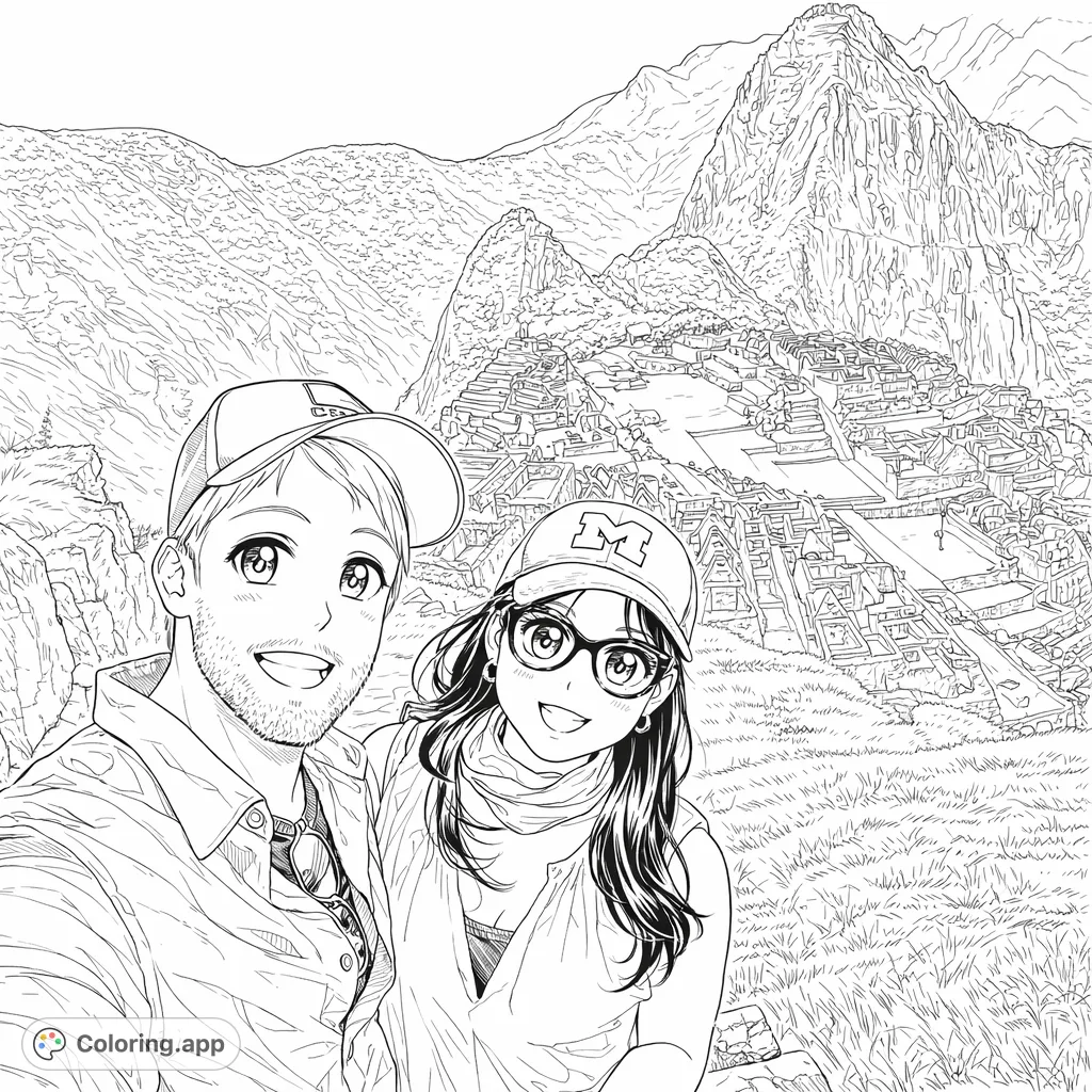 Embark on a Machu Picchu coloring page adventure! Features a smiling couple with the ancient city and majestic mountains. A free printable coloring page for adults.