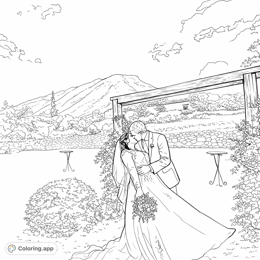 Celebrate love with this beautiful wedding coloring page. A couple shares a tender kiss against a majestic mountain backdrop and rustic archway.