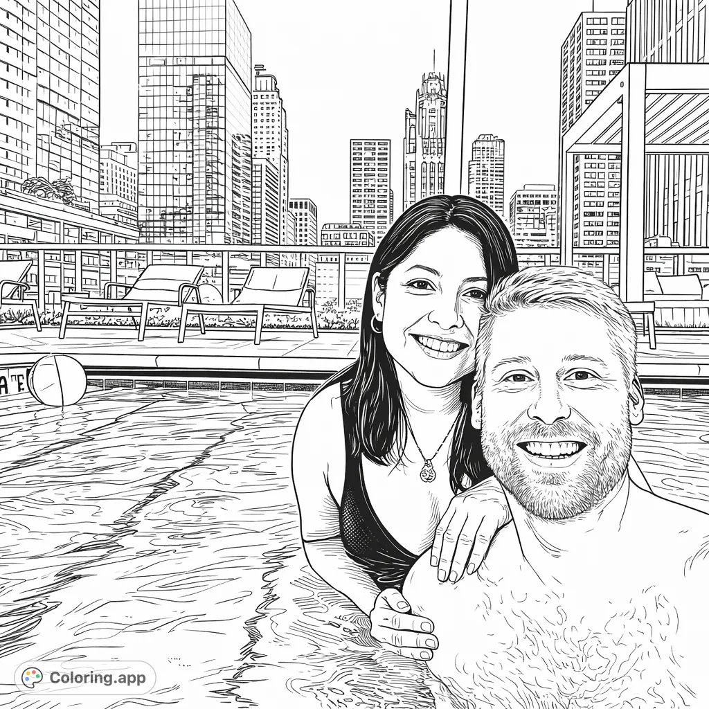 A couple enjoys a stunning rooftop pool overlooking a detailed city skyline. Relax and bring this sophisticated urban oasis to life with your chosen colors.