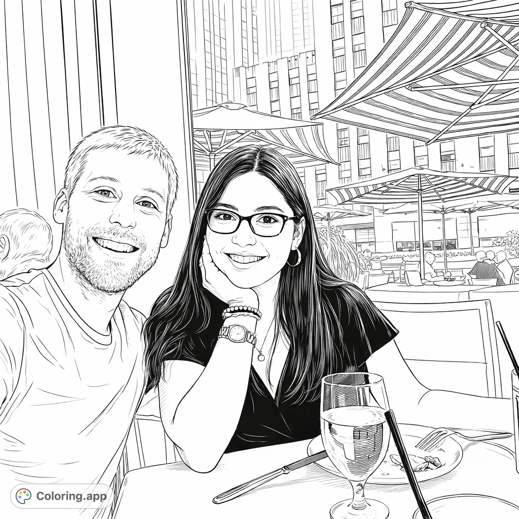 A realistic coloring page depicting a smiling couple enjoying a meal at a cafe, with city buildings and striped umbrellas in the background. Free printable.