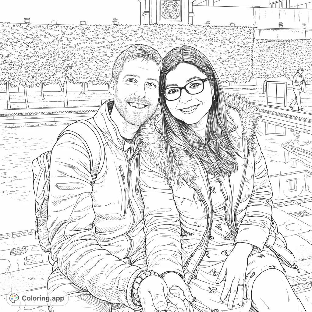 Capture a moment of joy with this realistic couple coloring page. Two individuals smile in a picturesque garden courtyard with a reflective pond. This free printable coloring page is perfect for adults.