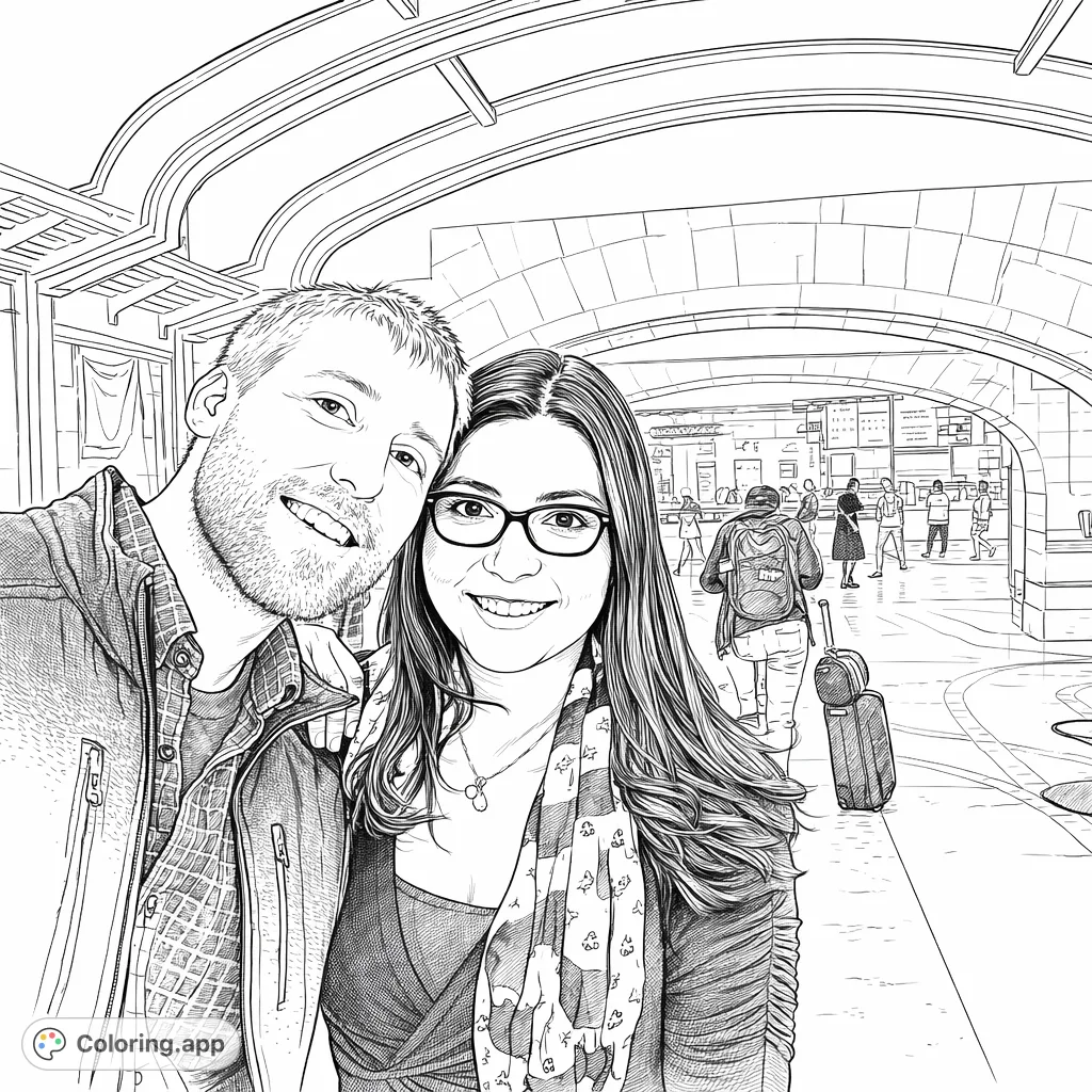 A cheerful couple poses for a photo in a grand hall with arched ceilings and distant travelers, offering intricate architectural details for a realistic coloring page experience.