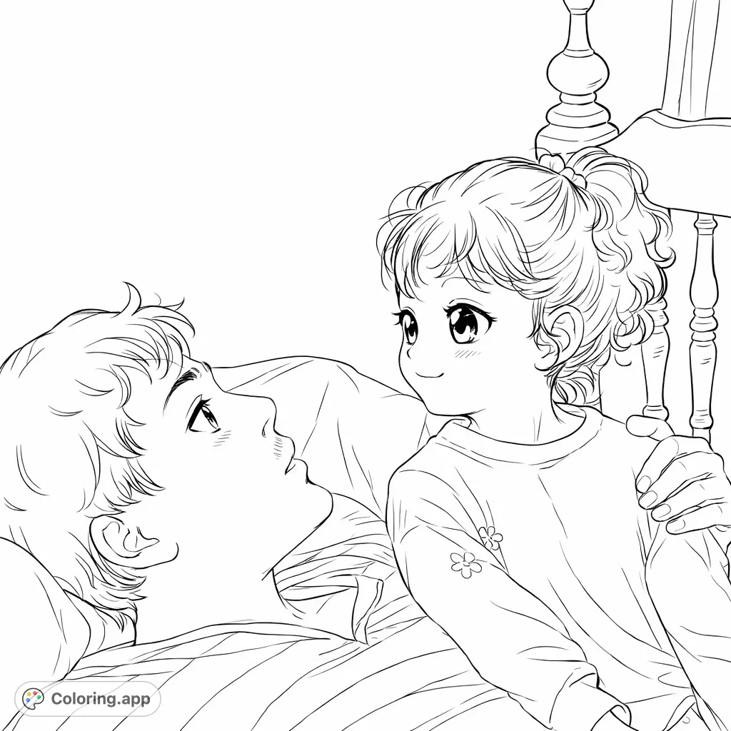 Capture a tender, anime-inspired family bonding moment between a father and child, sharing a loving gaze. A heartwarming free printable coloring page.