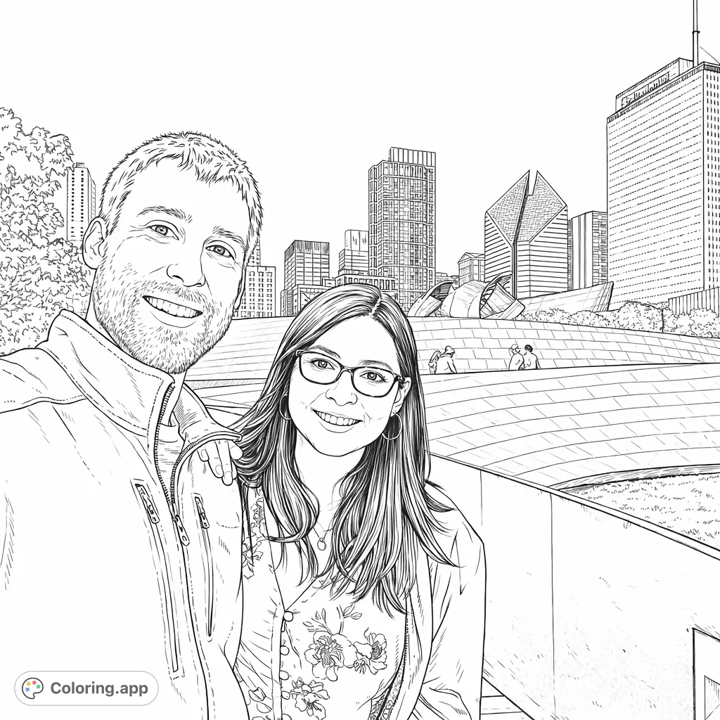 Capture a happy couple against a modern city skyline with striking architecture. A free printable cityscape couple coloring page for all ages.