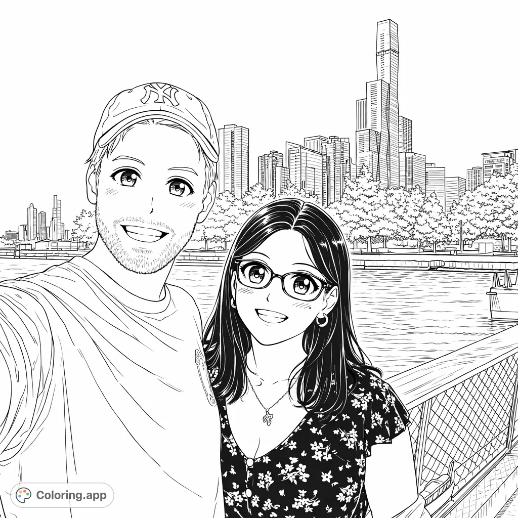 A smiling couple against a detailed city skyline and water. A modern urban scene for a highly detailed anime-inspired coloring page, perfect for teens and adults.