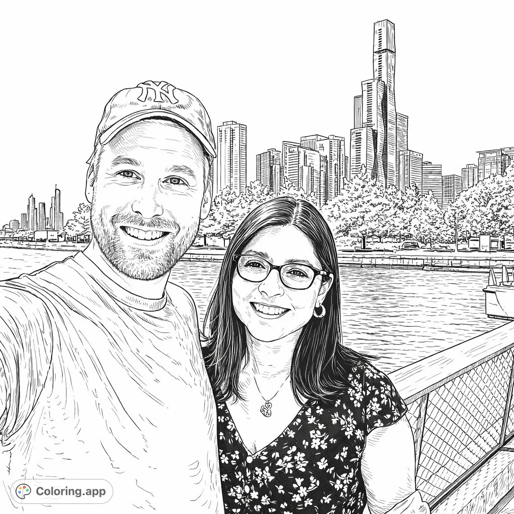 A charming couple smiles for a photo with a stunning city skyline and waterfront view. Enjoy coloring intricate architectural details and natural elements.