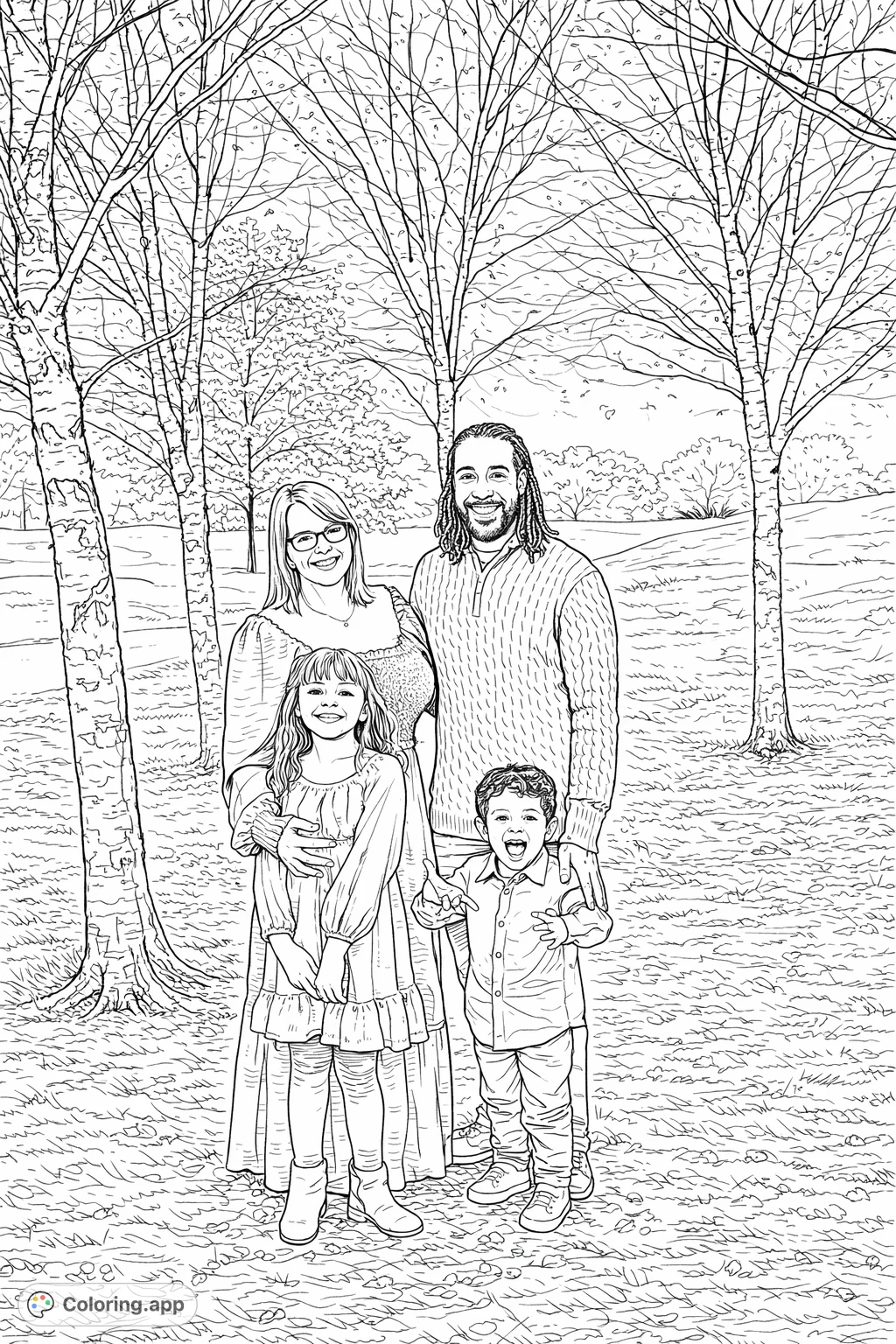 A heartwarming family portrait with two adults and two children standing outdoors among trees and fallen leaves, perfect for a cozy and detailed coloring experience.