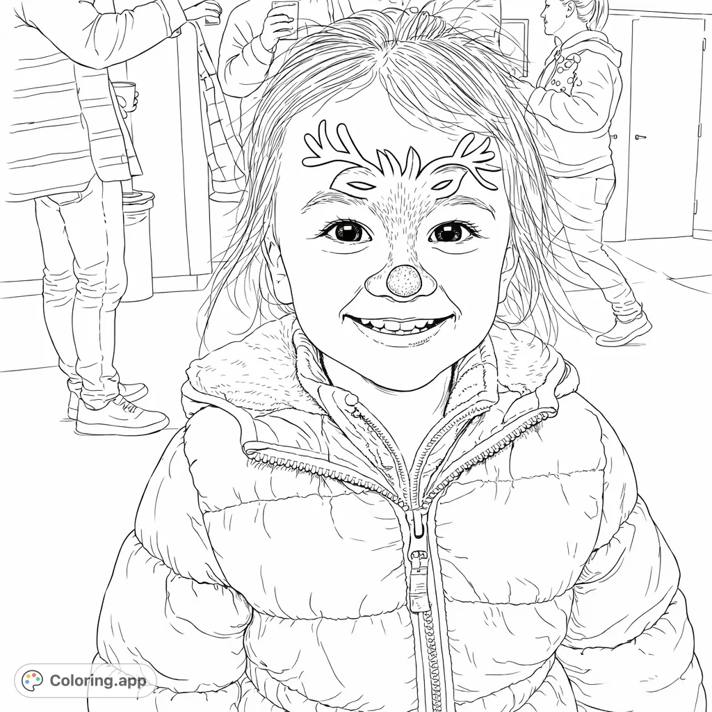 A delightful coloring page featuring a smiling child with playful reindeer face paint and a padded jacket, perfect for festive coloring fun.