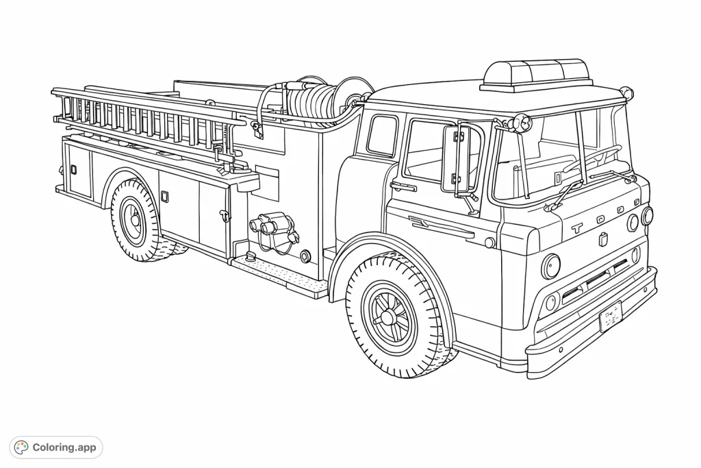 Color a classic fire truck, complete with ladders, hose reel, and detailed cab. This free printable offers intricate lines for a satisfying creative challenge.