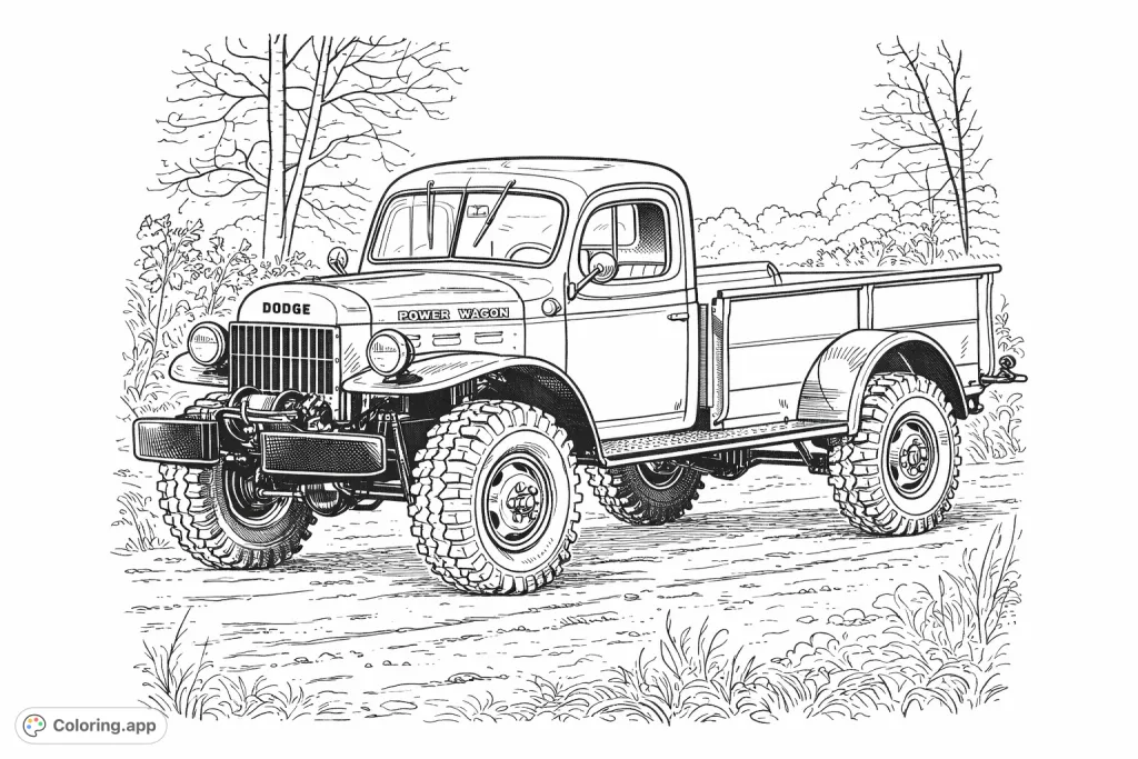 A classic, rugged Power Wagon truck, depicted with a vintage storybook aesthetic, invites you to add your creative touch. This detailed vehicle coloring page is perfect for enthusiasts.