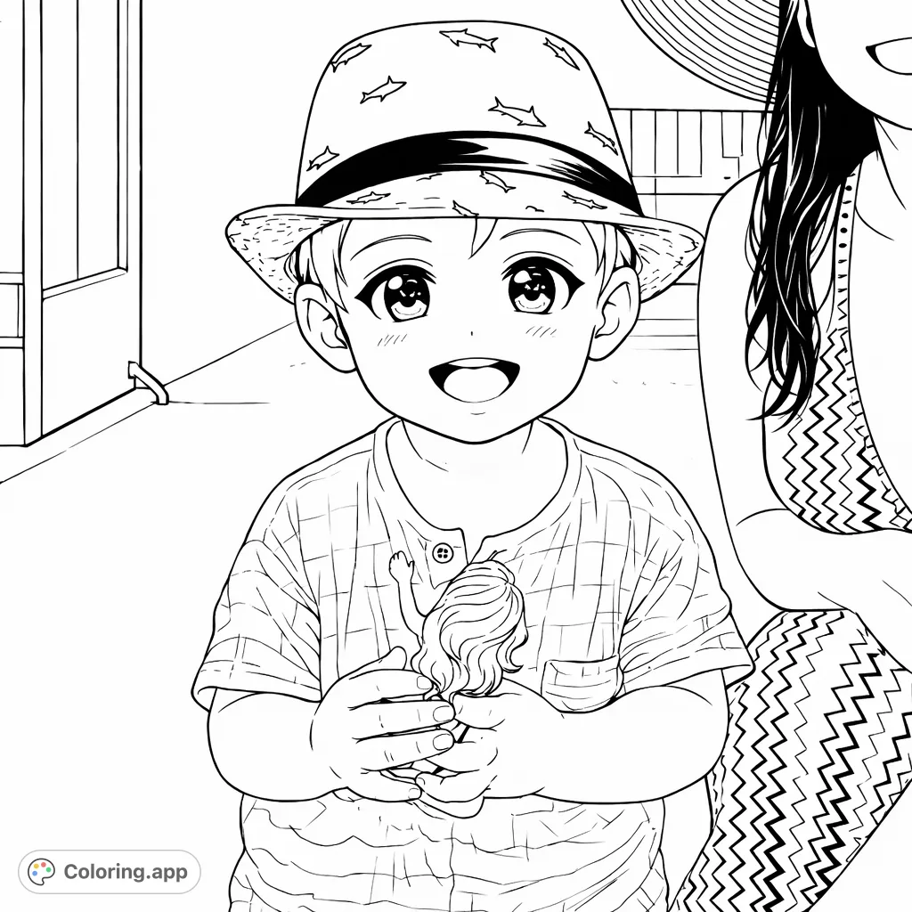 Anime-inspired child with a charming smile, wearing a patterned hat and holding a doll, ready for imaginative coloring fun. A free printable character coloring page!