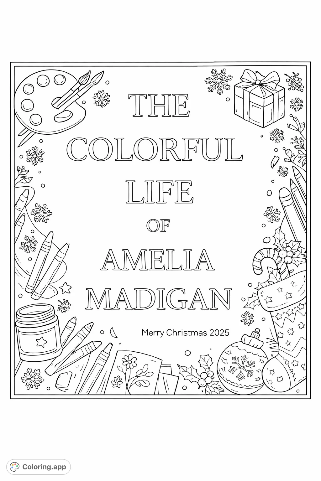 A unique text-based coloring page featuring 'The Colorful Life of Amelia Madigan' in elegant serif font, perfect for personalizing with your own creative flair.