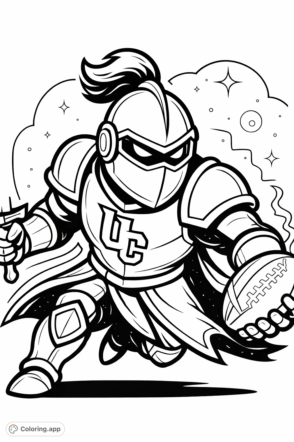 Gear up for an epic coloring adventure! This dynamic armored knight with a football offers a captivating blend of sports and fantasy. A fun knight football coloring page!