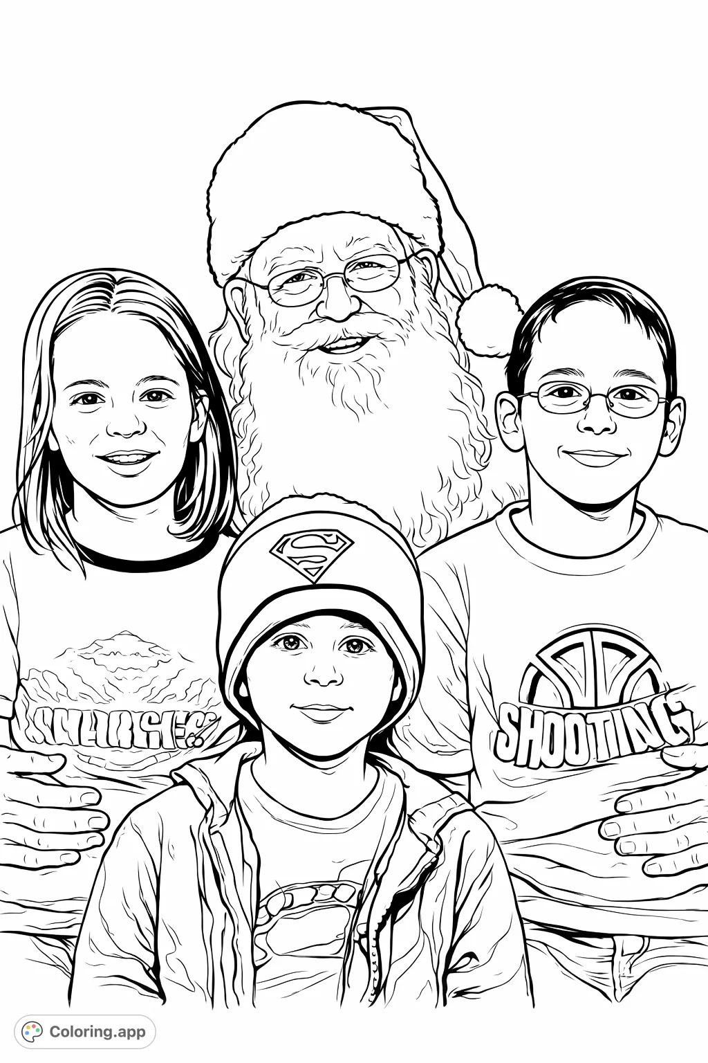 A heartwarming holiday scene featuring jolly Santa Claus surrounded by three smiling children. Capture the joy and magic of the season with this delightful family portrait.