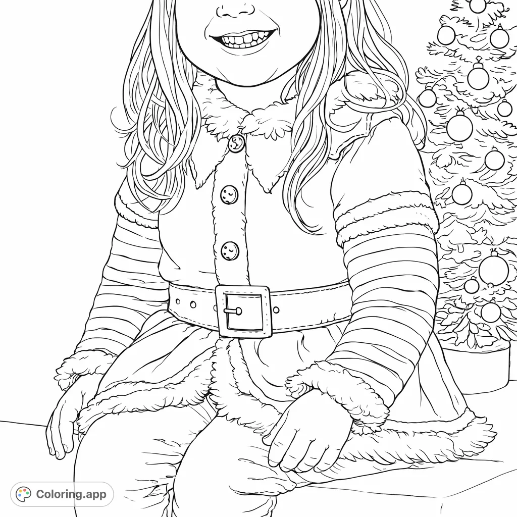 A charming coloring page featuring a smiling child dressed in a detailed elf costume, ready to bring festive cheer with your creative touch. Perfect for holiday fun!