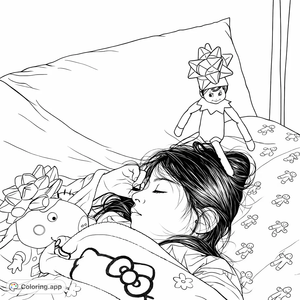 A peaceful scene featuring a sleeping child, a plush toy, and a surprise elf doll with festive bows. Perfect for holiday-themed coloring fun.