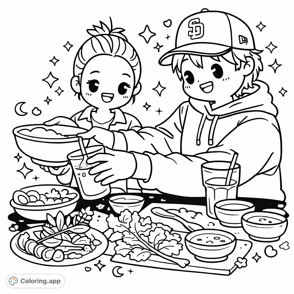 A delightful chibi dining coloring page featuring two friends enjoying a whimsical meal under a sprinkle of celestial stars. Perfect for a fun, creative experience.