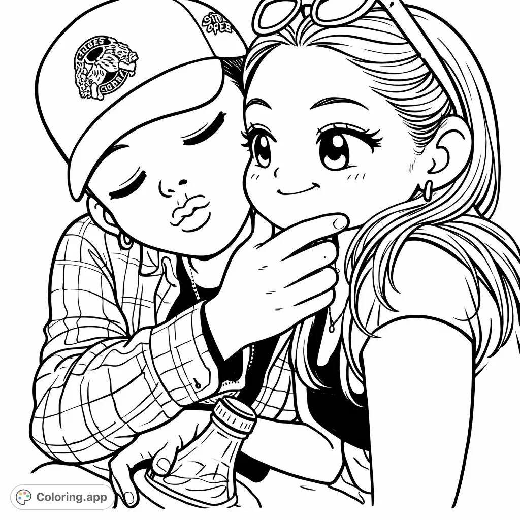Capture a sweet outdoor moment with this playful couple. Perfect for celebrating connections, this chibi-style coloring page features charming characters and a serene park background.