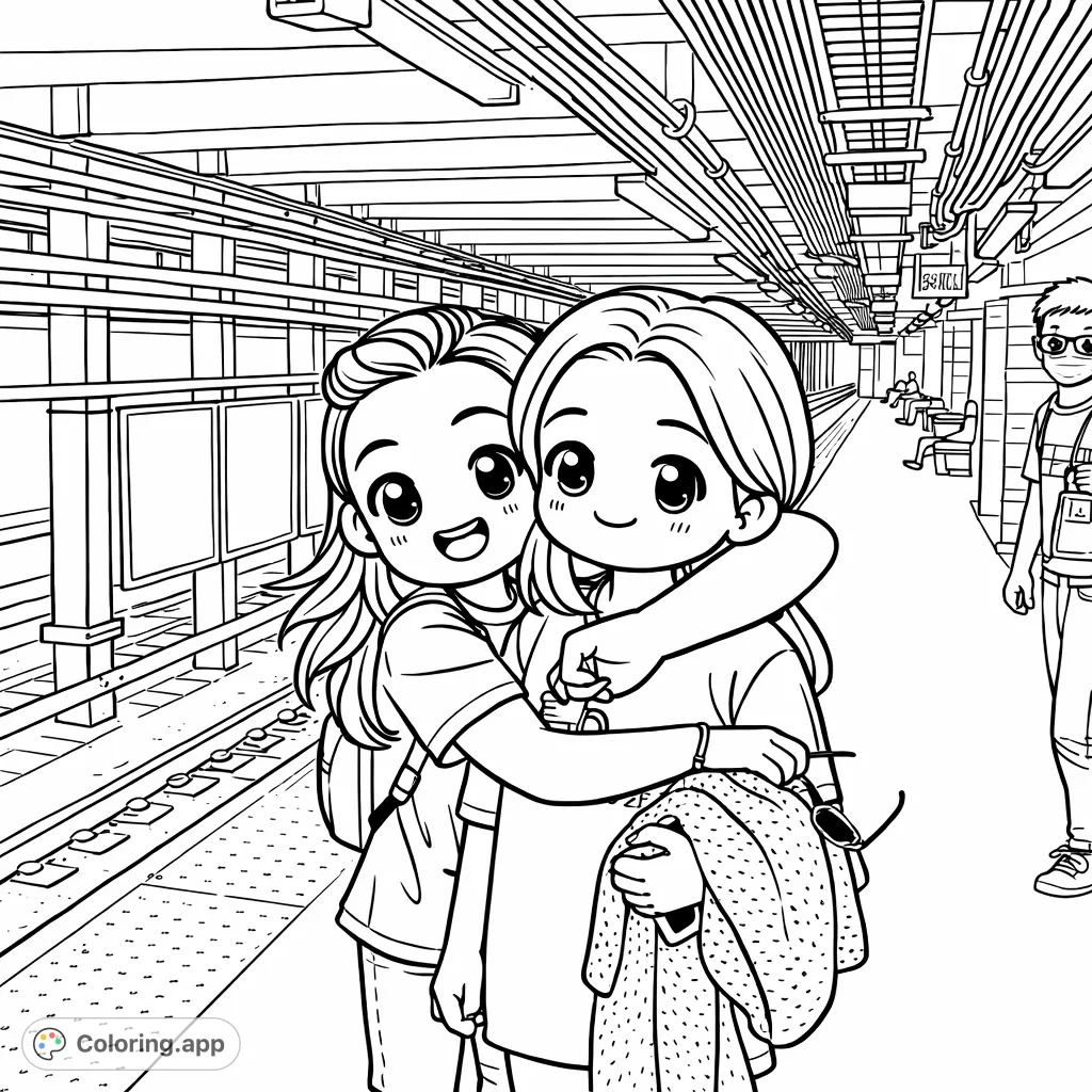 A cheerful chibi subway friends coloring page, featuring two smiling individuals embracing on a station platform, surrounded by tracks and urban details. Free printable!