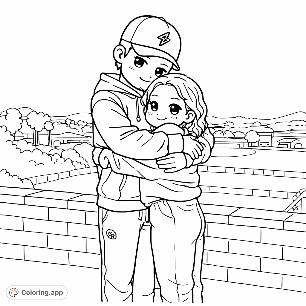 A charming chibi couple shares a loving hug against a scenic backdrop. This cute couple coloring page is perfect for all ages, offering warmth and joy.