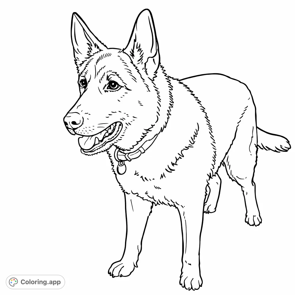 Color a handsome German Shepherd dog amidst a scattering of fallen leaves and grass. A delightful scene for all animal lovers. Free printable dog coloring page.